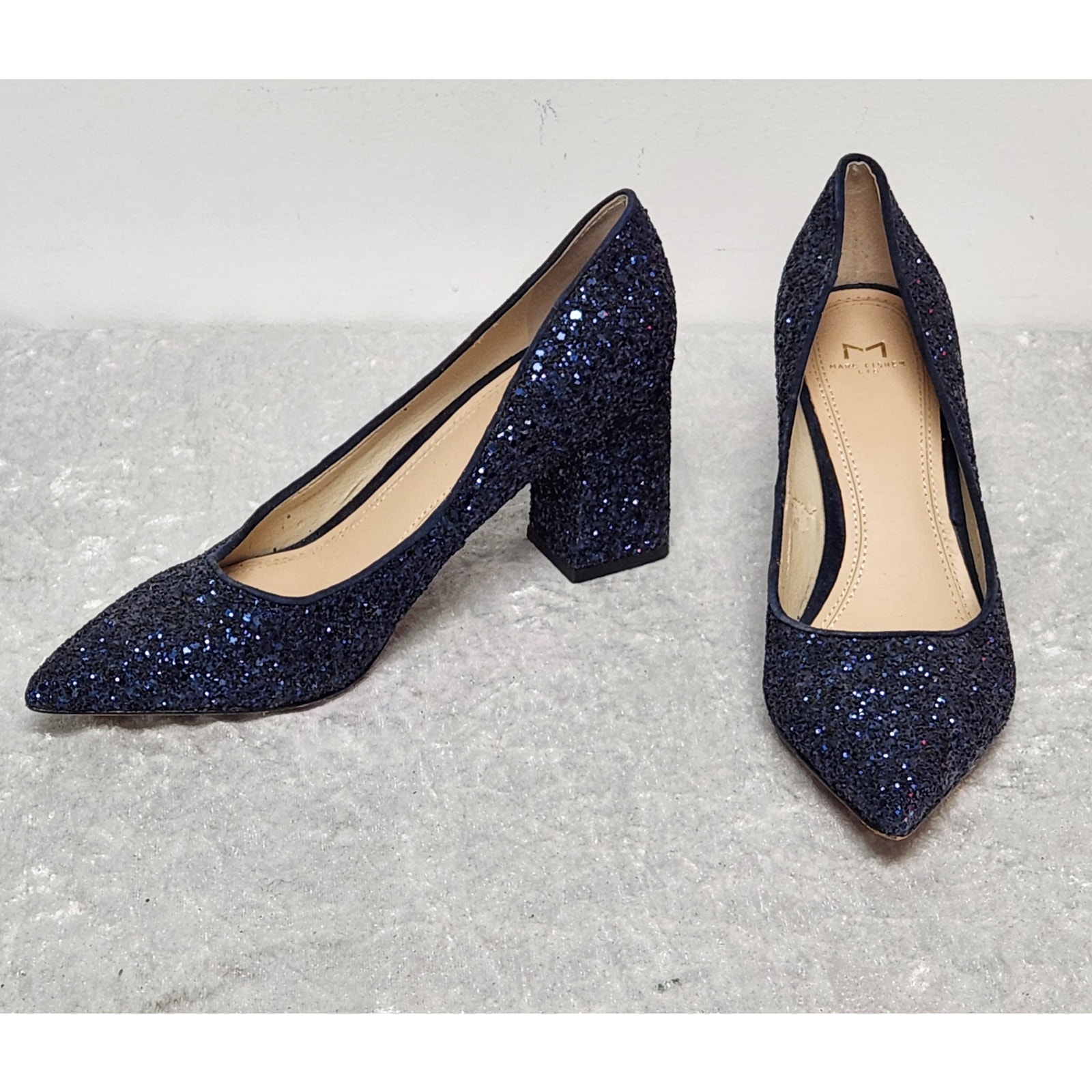 Mark Fisher Ltd Zala Dark Blue Glitter Block Heel Pump-Size 7m